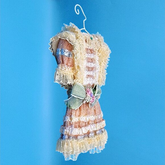 Victorian Dress Ornament on Hanger • Pink Lace Glitter Holiday Decoration • Vint - Picture 6 of 9